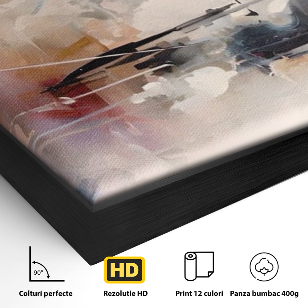 Detaliu al suprafetei: pictura abstracta cu linii si pete pastel, in rama de aluminiu negru